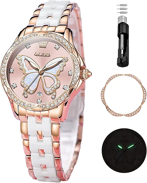 OLEVS Watches for Women Rose Gold Two Tone Fashion White Ceramic Ladies Wrist Watches Pink/Red Dial Stainless Steel Waterproof Date