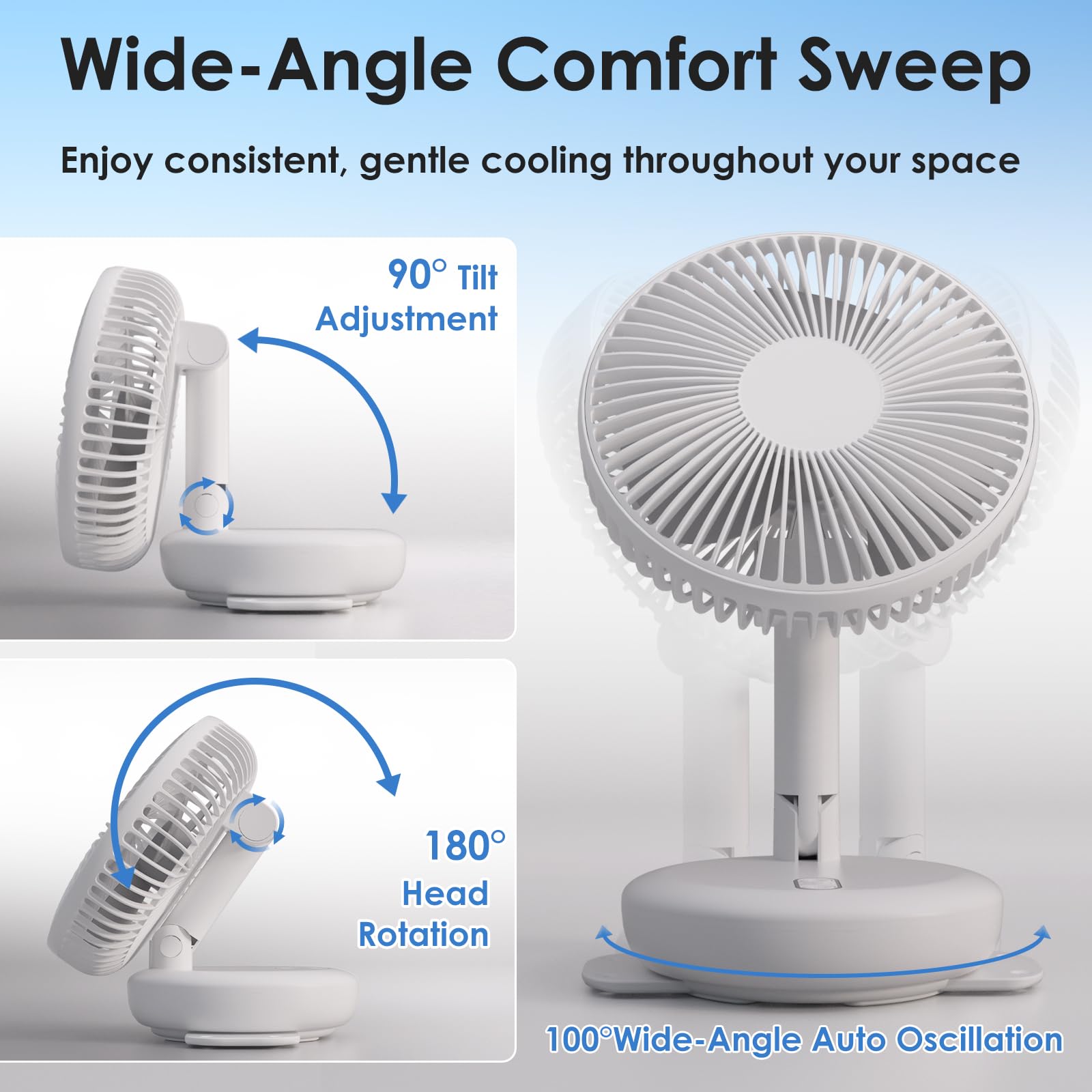 Ventilatore da parete per camper/auto/yacht, rotazione della testa di 180°, inclinazione di 90° e oscillazione automatica di 100°, ventilatore girevole pieghevole a 4 velocità