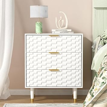 Bedside Table with 3 Drawers, Bed Side Table for Bedroom, Living Room, Study, Bas-relief Nightstand, Small Chest of Drawers, Anti-Tipping, Solid Wood Legs, White, 60 x 40 x 72 cm