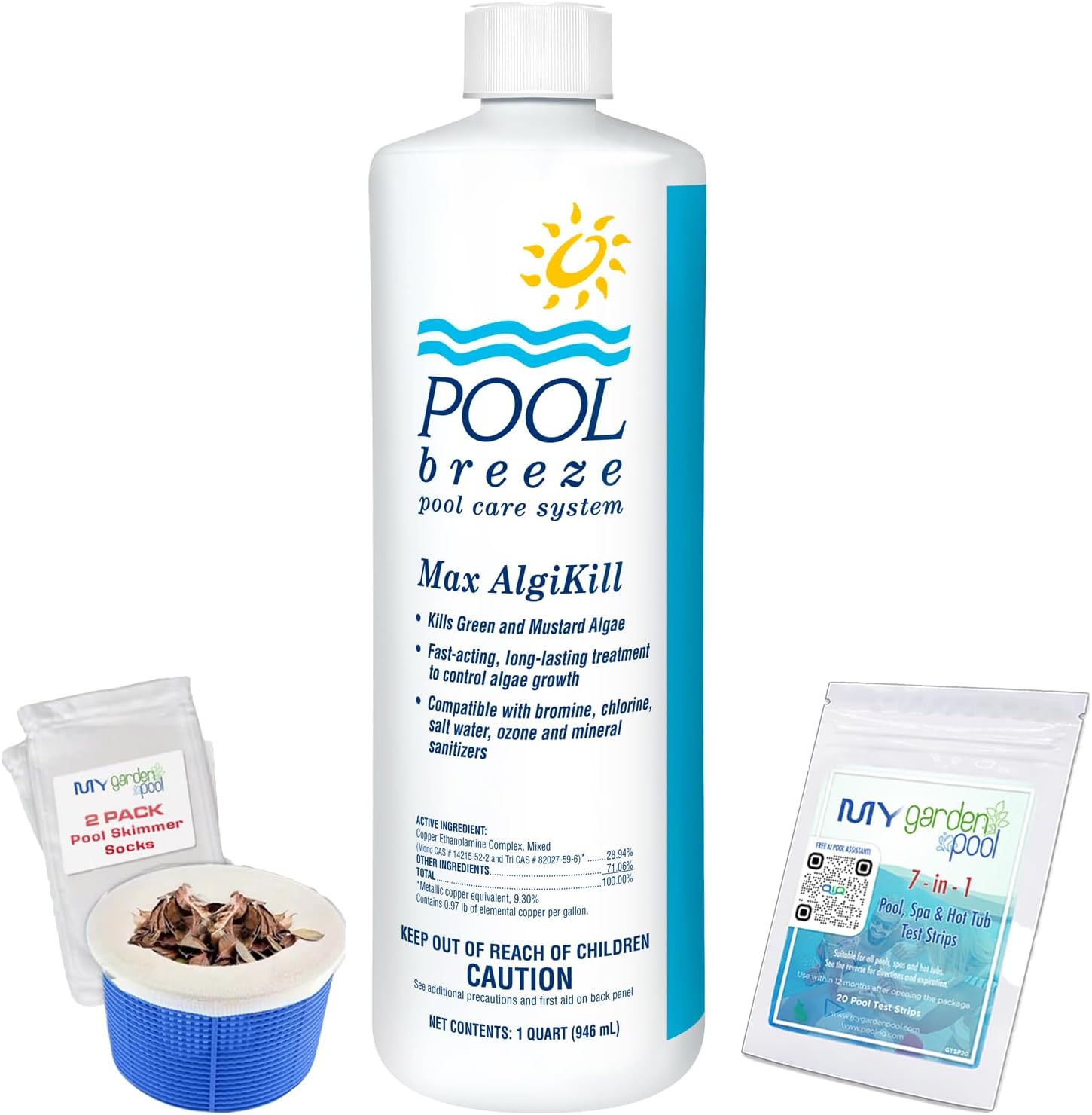 Pool Breeze Max AlgiKill Algicide 88587 – 32 oz – Extra Power Algae Control – with My Garden Pool 7 in 1 Test Strips & Scum Socks