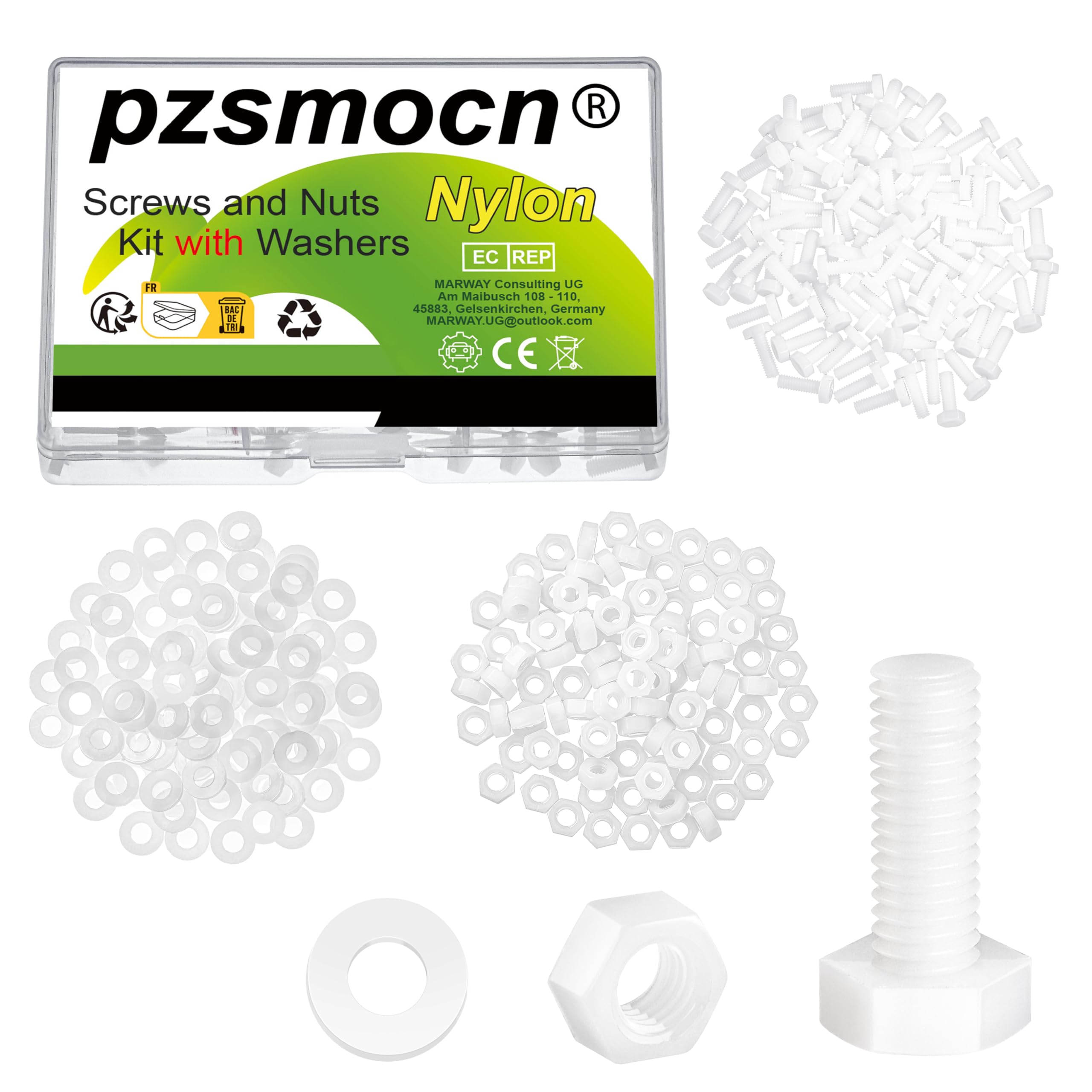 Pzsmocn 300 Pieces/100 Sets M4*12 mm Plastic White Nylon Outer Hexagon Screw Nut Combination Kit, with Insulating Washers, Standard Size, For DIY and Electronic Assembly. โ image 1