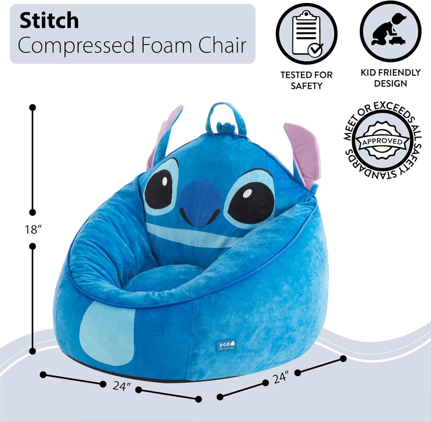 Disney Stitch Kids Foam Filled Bean Bag Chair, Soft Plush Character Lounge Seat for Bedroom or Playroom