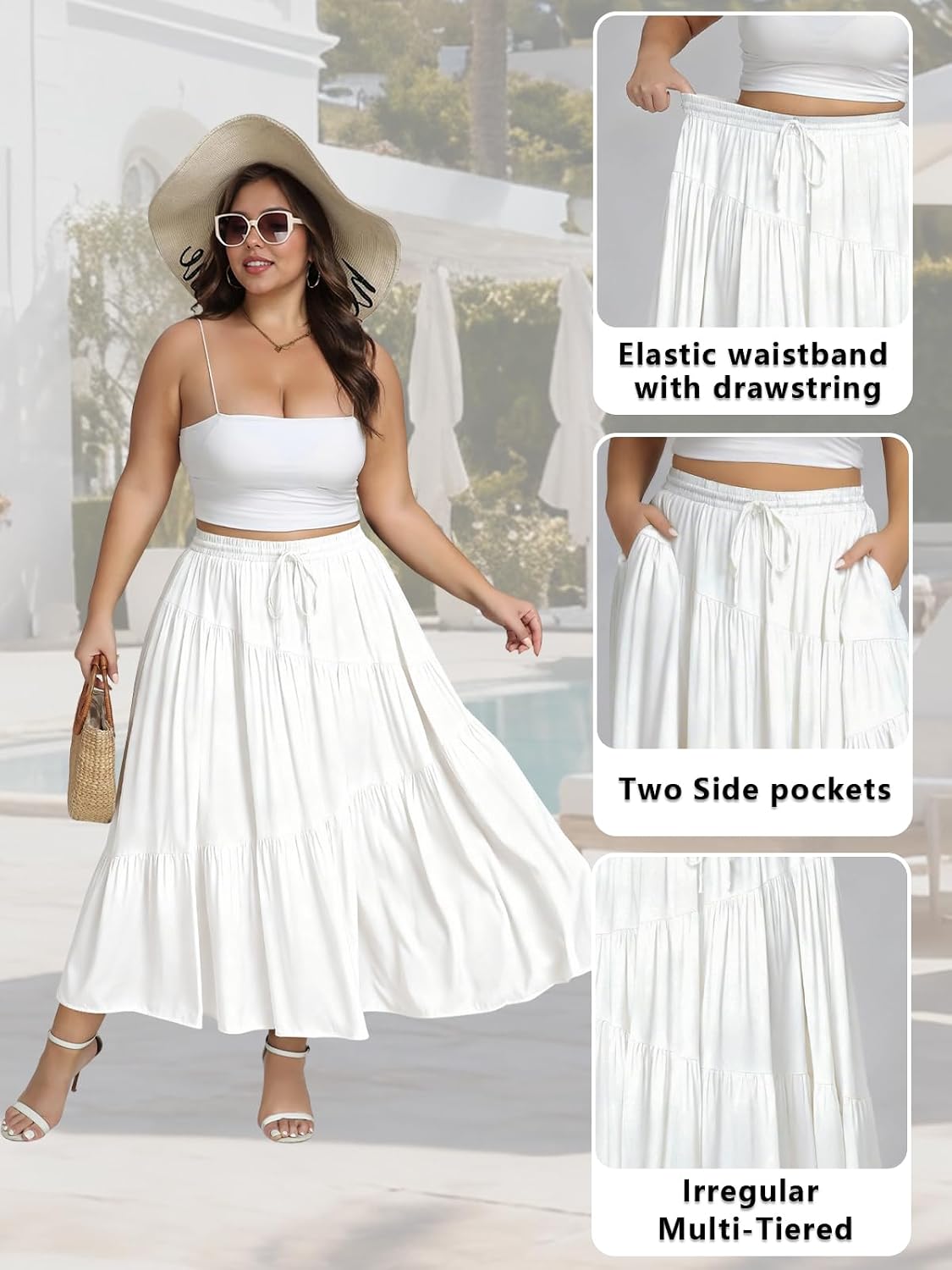 Women's Plus Size Maxi Skirt High Waisted Ruffle Tiered A Line Flowy Long Maxi Skirt with Pockets