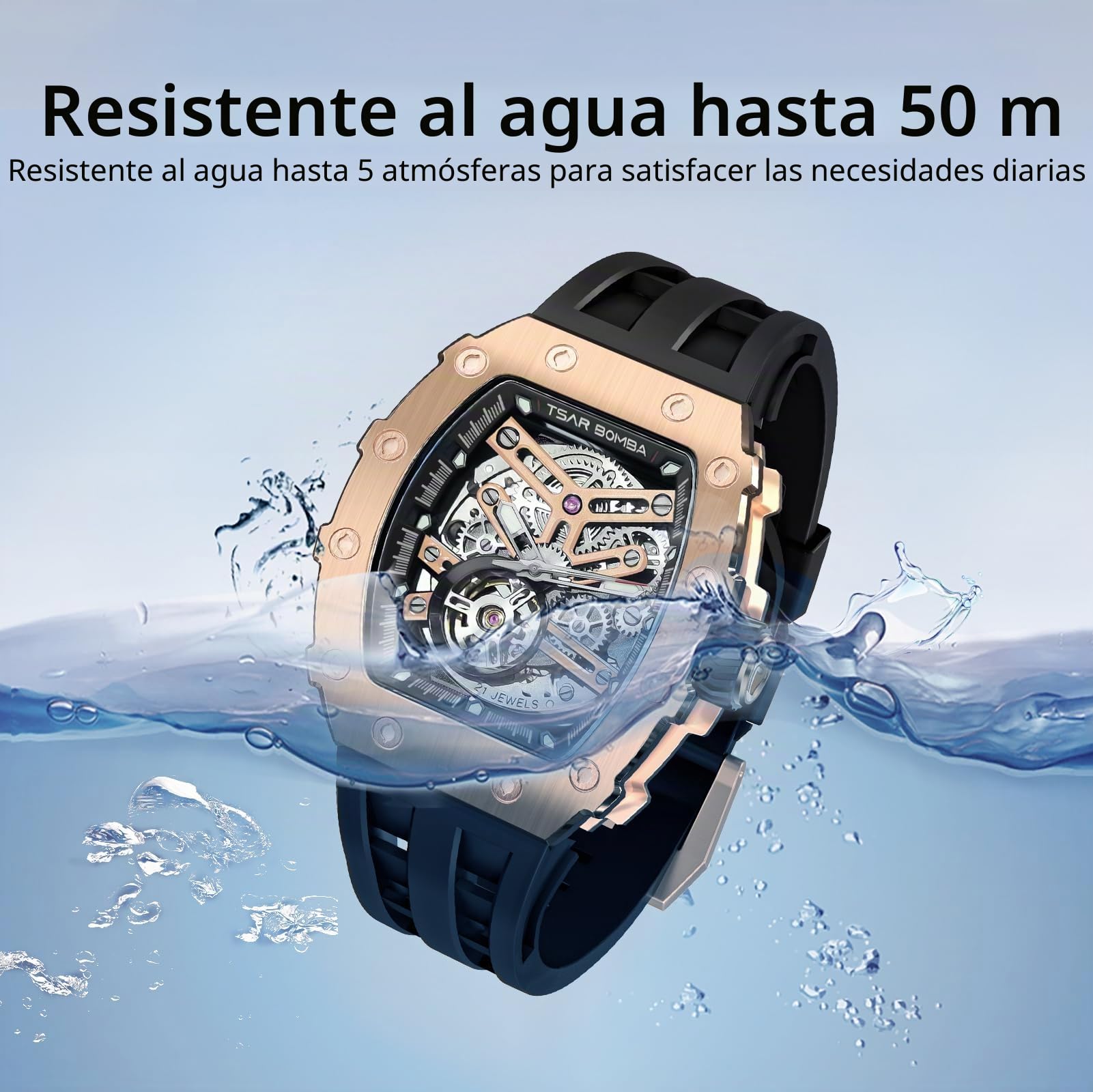 TSAR BOMBA Relojes Hombre Automático Reloj de Pulsera Tonneau Lujo Cristal Zafiro Movimiento Japonés Acero Inoxidable 316 Impermeables 50M Luminos Esqueleto Regalo Hombre
