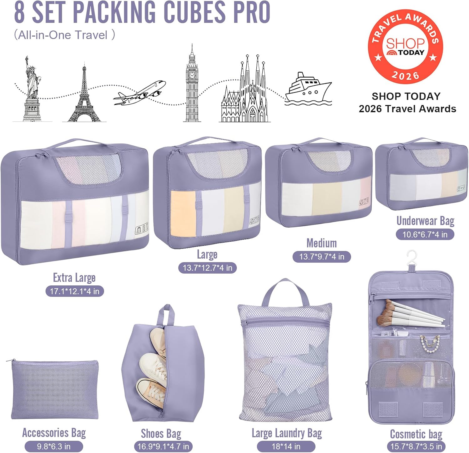 Veken 8 Set Packing Cubes for Travel Essentials, Suitcase Organizer Bags in 4 Sizes, Carry-On Luggage Accessories with Large Laundry & Hanging Toiletry Bag, Must-Have for Airplane, Road Trip & Camping - Image 2
