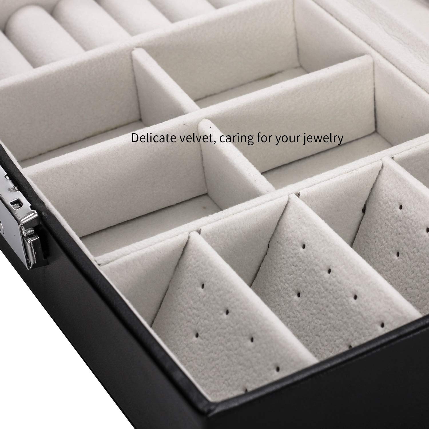 Joyero de piel sintética para niñas con cerradura, organizador para anillos, pendientes, collares, pulseras, joyero negro para mujer, idea de regalo