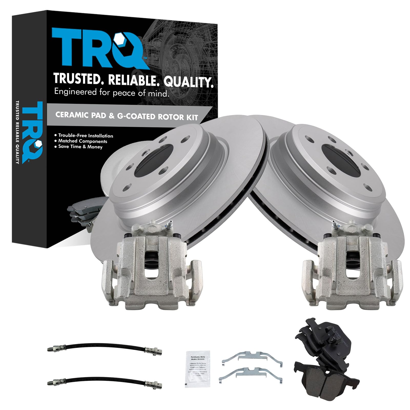 TRQ Rear Brake Pad and Rotor Set Ceramic G Coated Rotors Calipers Compatible with 2012-2013 BMW 335i