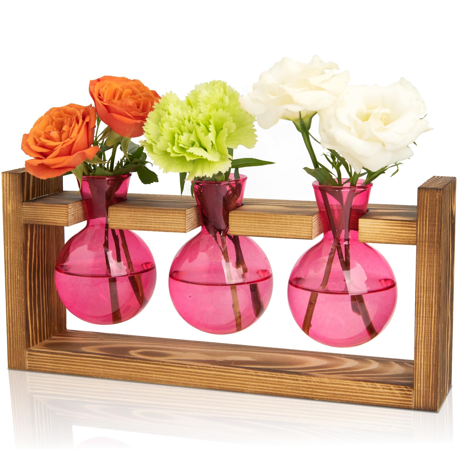 XXXFLOWER Plant Terrarium Jar Propagation Station Stand 3 Pink Bulb Vases | Plant Lovers Gifts for Mom Wife Grandma Daughter, Hydroponics Cutting Tabletop Office Home Garden Indoor Decoration