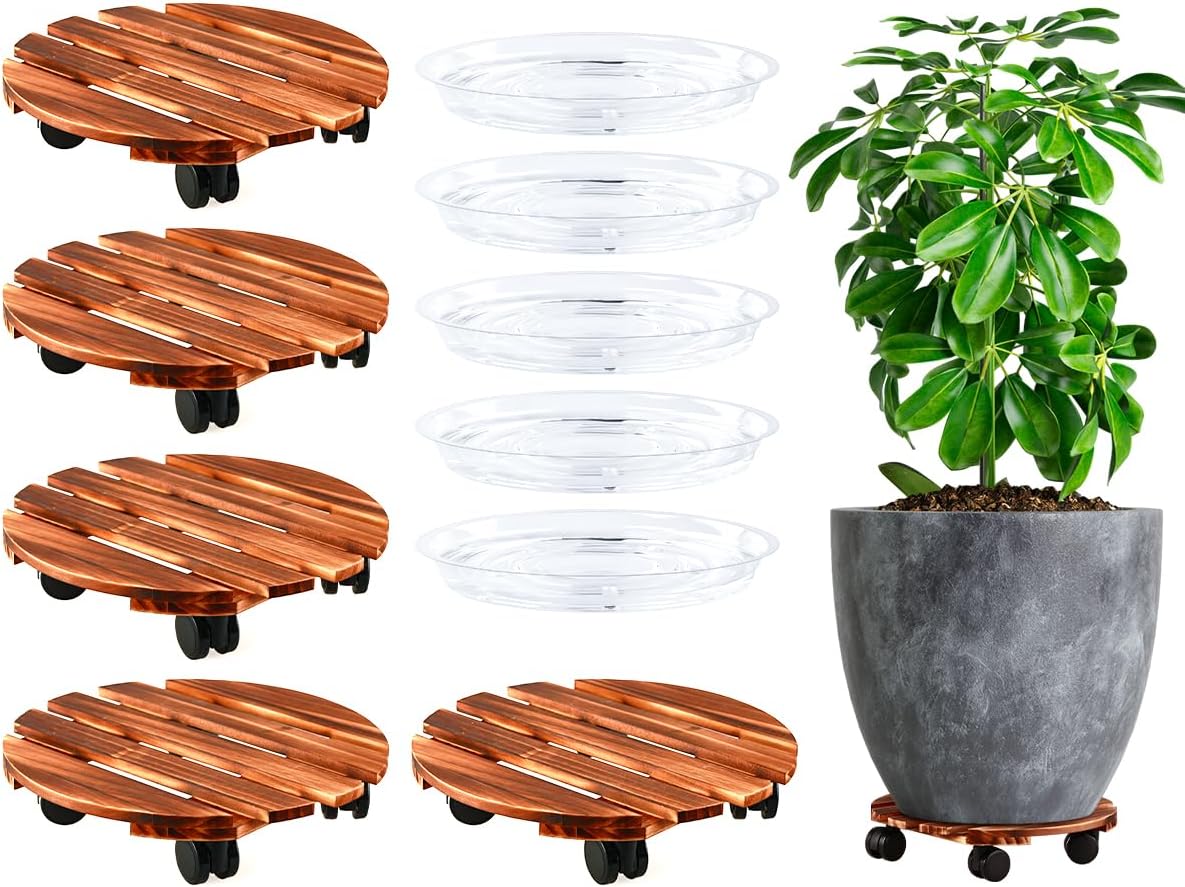 5 Pack Plant Caddy with Wheels Heavy Duty 16 Inch Wooden Plant Stand with Wheels Plant Dolly Rolling Plant Stand Plant Roller with Casters for Indoor and Outdoor with 5 Pack Plant Saucers, Round