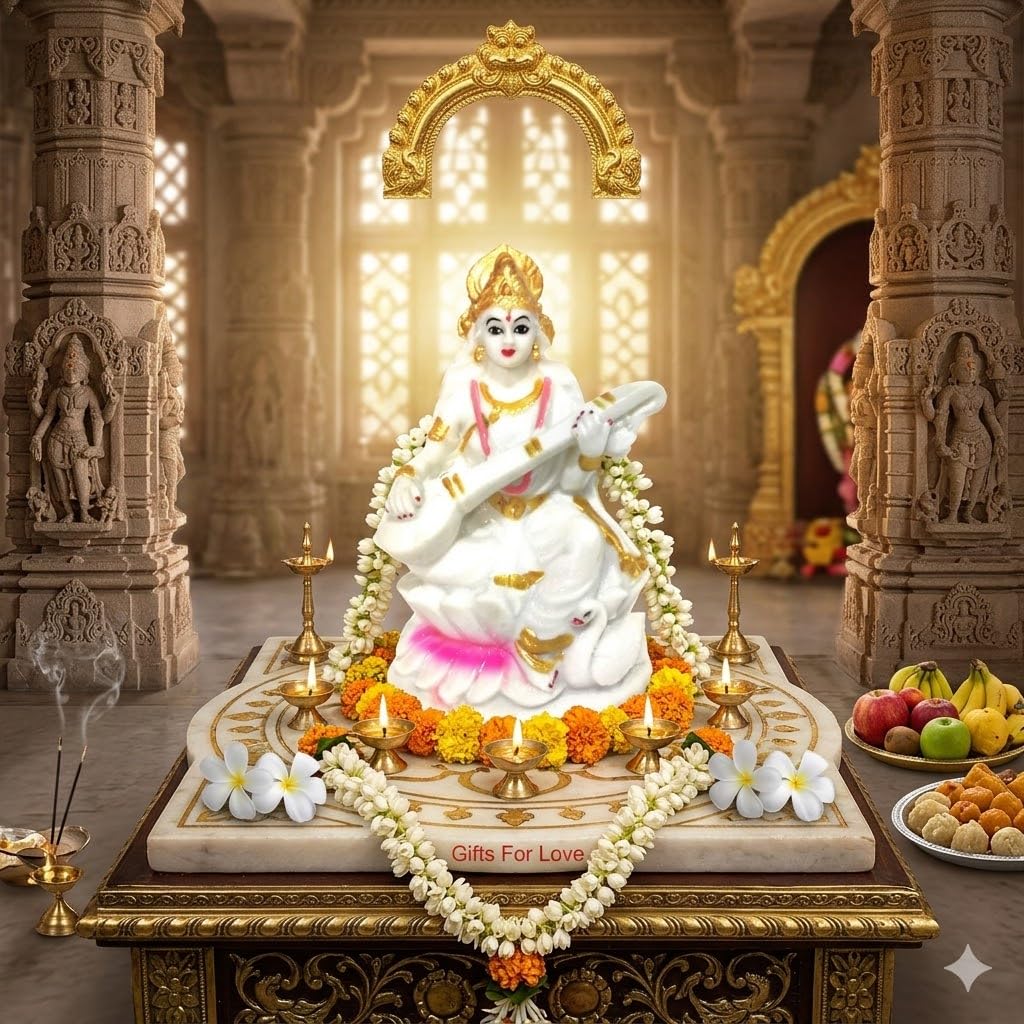 GIFT LIYA KYA Maa Saraswati Ji Idol Goddess Saraswati Spritual Statue Showpiece| for Pooja Ghar Home & Decor Gifting Off White/White (Pack of 1) 7 Inches 2