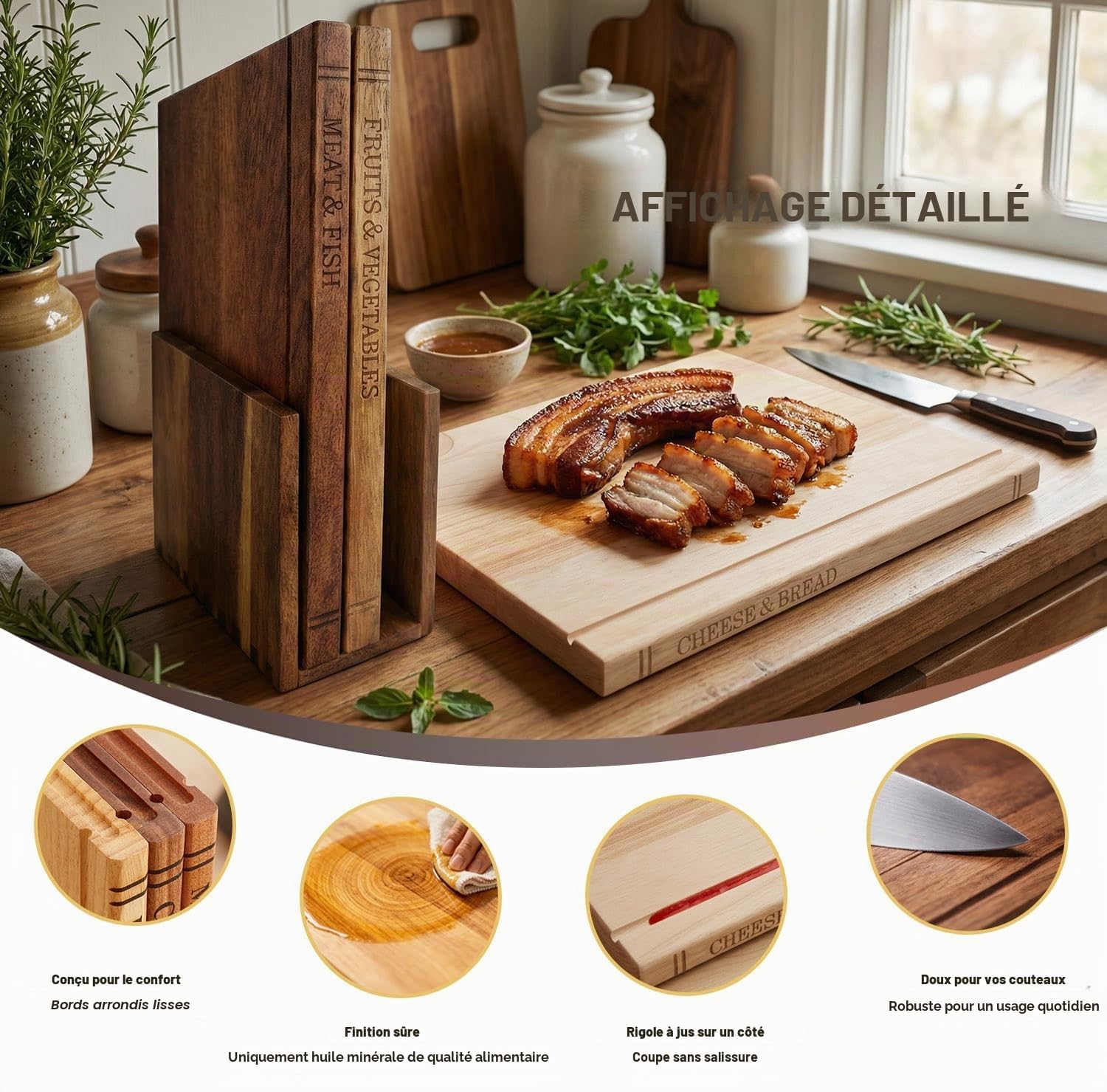 Set de 3 Planches à Découper en Forme de Livre pour Cuisine, 33×25,5×2 cm Planches à Découper en Bois Pratiques en Forme de Livre, Planches à Découper en Acacia avec Support, Cadeau de Crémaillère