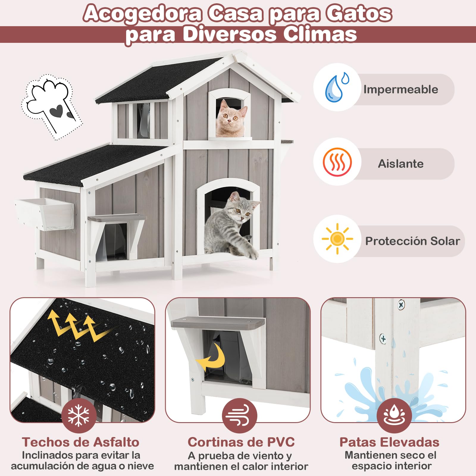GOPLUS Casa para Gatos de 2 Niveles con Techo de Asfalto, Puertas de Escape, Plataforma, Cortinas de PVC para Interior y Exterior