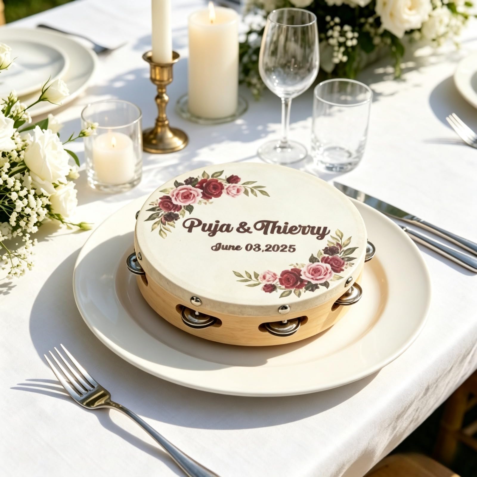 Panderetas personalizadas, mini panderetas de madera de 6 pulgadas a granel para adultos con cinta de 100 cm, panderetas de piel de oveja con nombre personalizado y fecha para iglesia, boda, fiesta