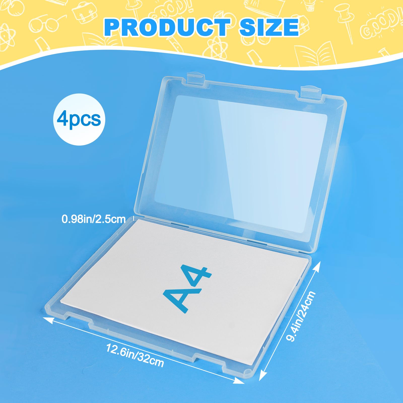 Paquete de 4 cajas de archivos A4, organizador de papel, estuche transparente para proyectos de documentos, caja de almacenamiento de papel de plástico, protector de archivos para revistas