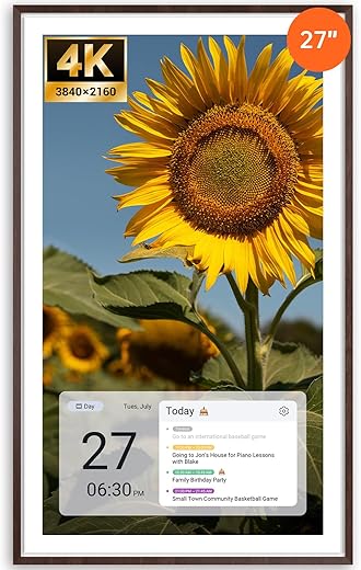 Apolosign 27-inch 4K Digital Calendar: Dual Mode Smart Wall Planner, No Subscription, Install Apps, Sync Calendars, Electronic Touchscreen Interactive Display for Family Schedules, Chore Chart - wall mount included (Dark Oak)