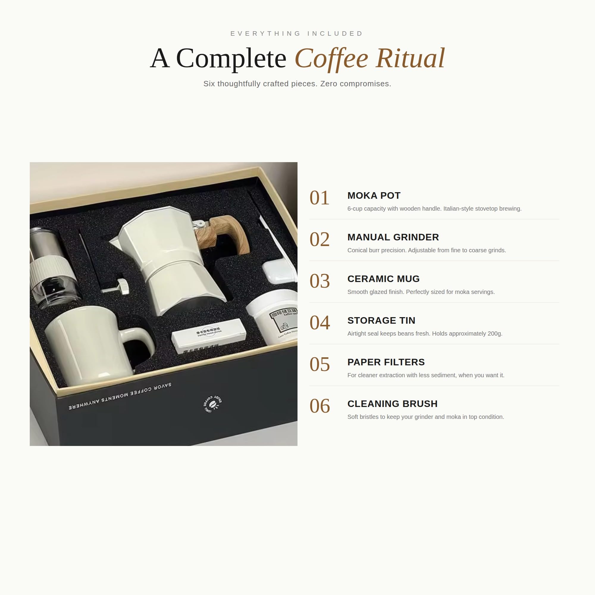 Decana Cafetière à moka 6 tasses – Cafetière à expresso 6 pièces avec moulin à café manuel, tasse en céramique, pot de rangement, filtres et brosse – Coffret cadeau pour les amateurs de café