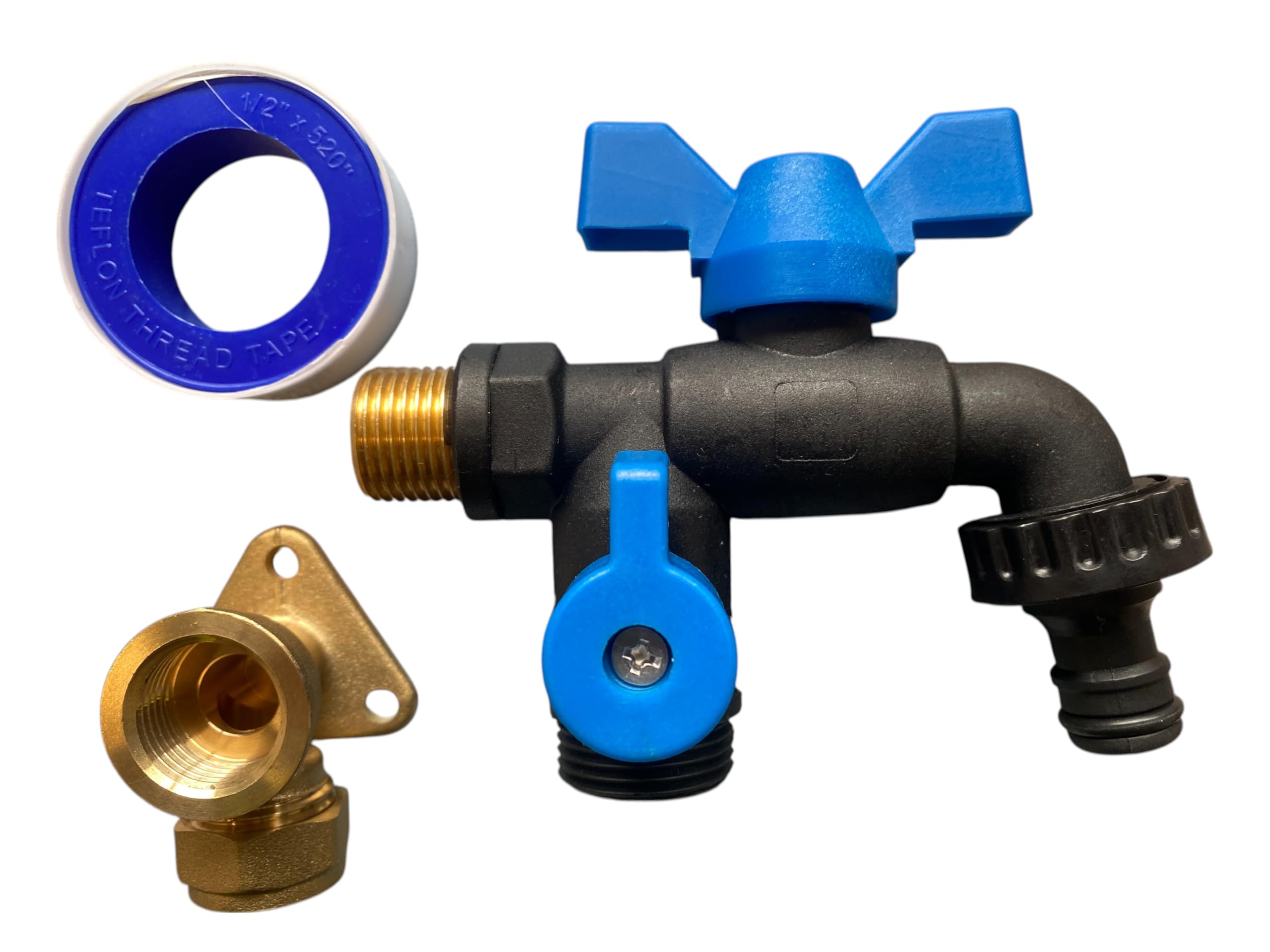 Double/SingleOutlet Ultra Tough Nylon Garden Tap+Brass 15mm Wallplate+PTFE Tape (Double Butterfly)