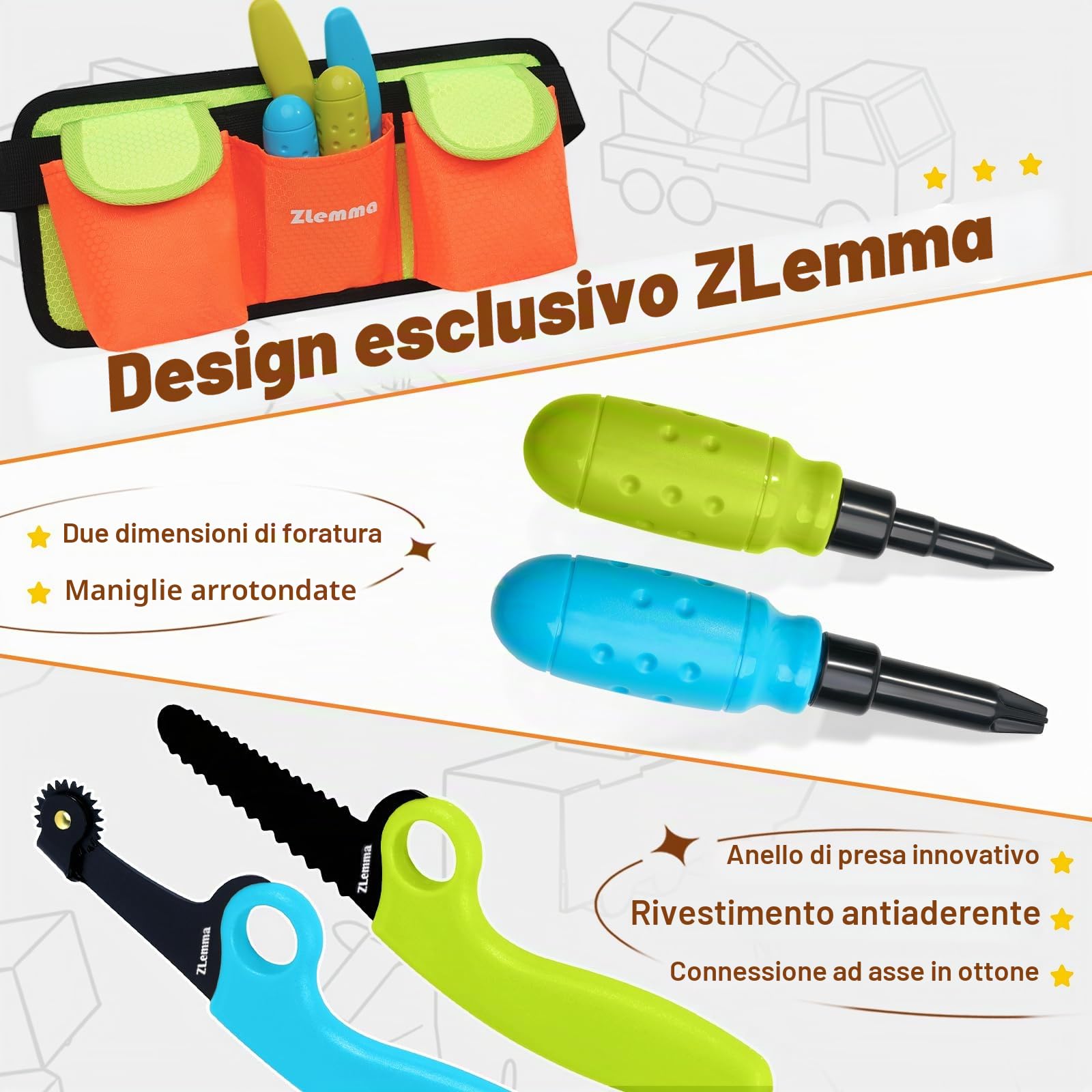 Kit di Attrezzi in Cartone per Bambini, 258 Pezzi, Cassetta degli Attrezzi in Cartone, con Trapano, Sega di Sicurezza, marcatore, Cerniere e bullone, Marsupio Portatile, Scatola Regalo per