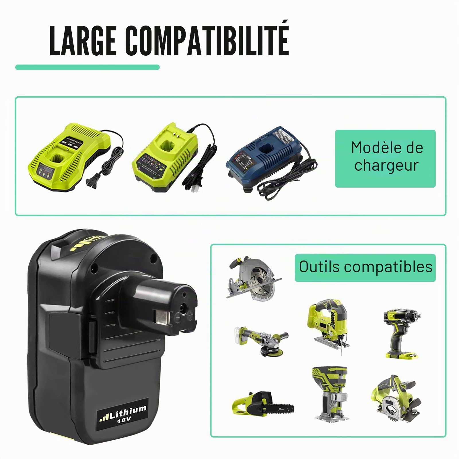 2X Remplacement pour Ryobi 18V Batterie 5.0Ah RB18L50 RB18L40 RB18L25 RB18L15 RB18L13 P108 P107 P122 P104 P105 P102 P103 (Noir Vert)