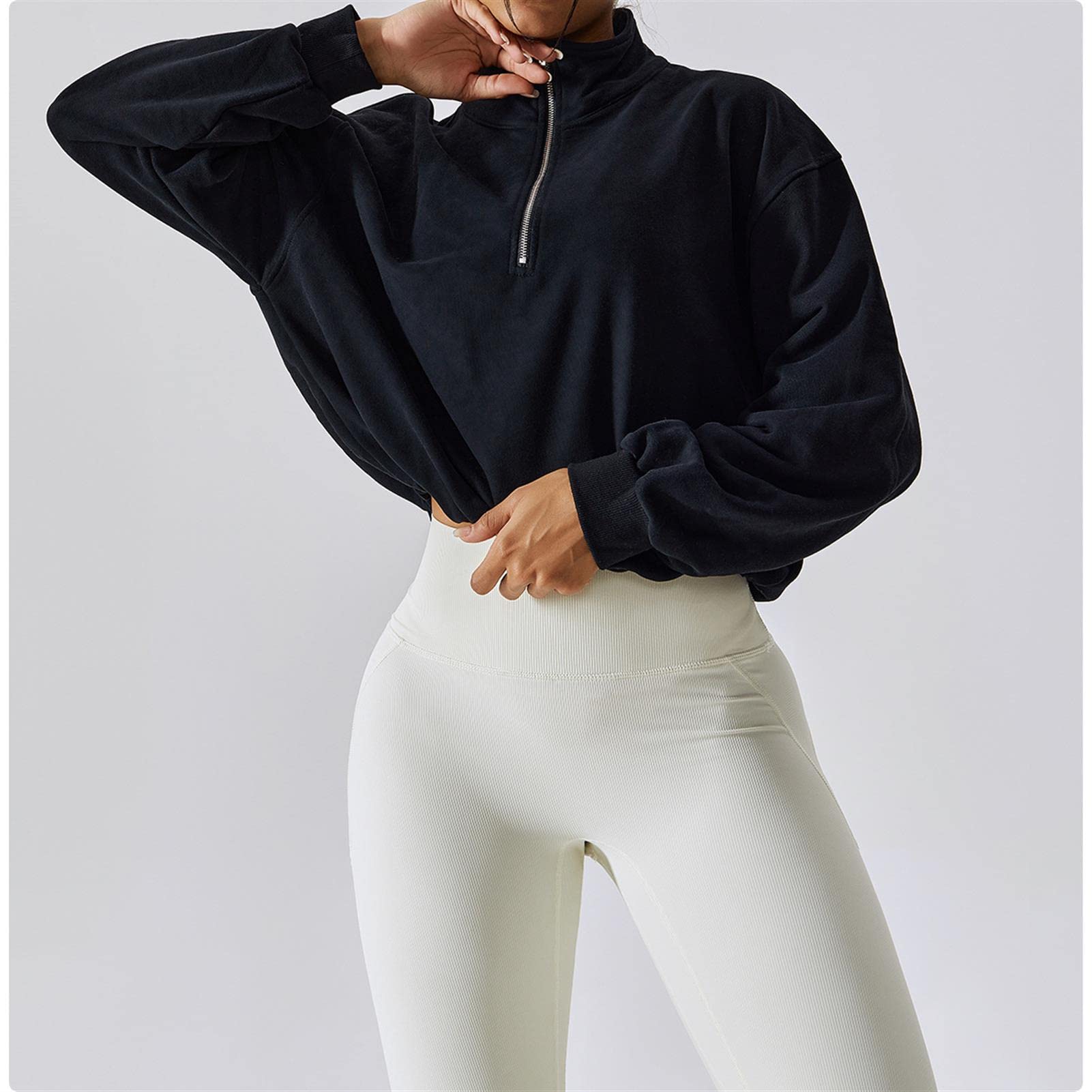 Damski sweter z zamkiem 1/4 z długim rękawem i wysokim dekoltem sweter sportowy przycięta bluza nastolatki jesienne ubrania do biegania na świeżym powietrzu