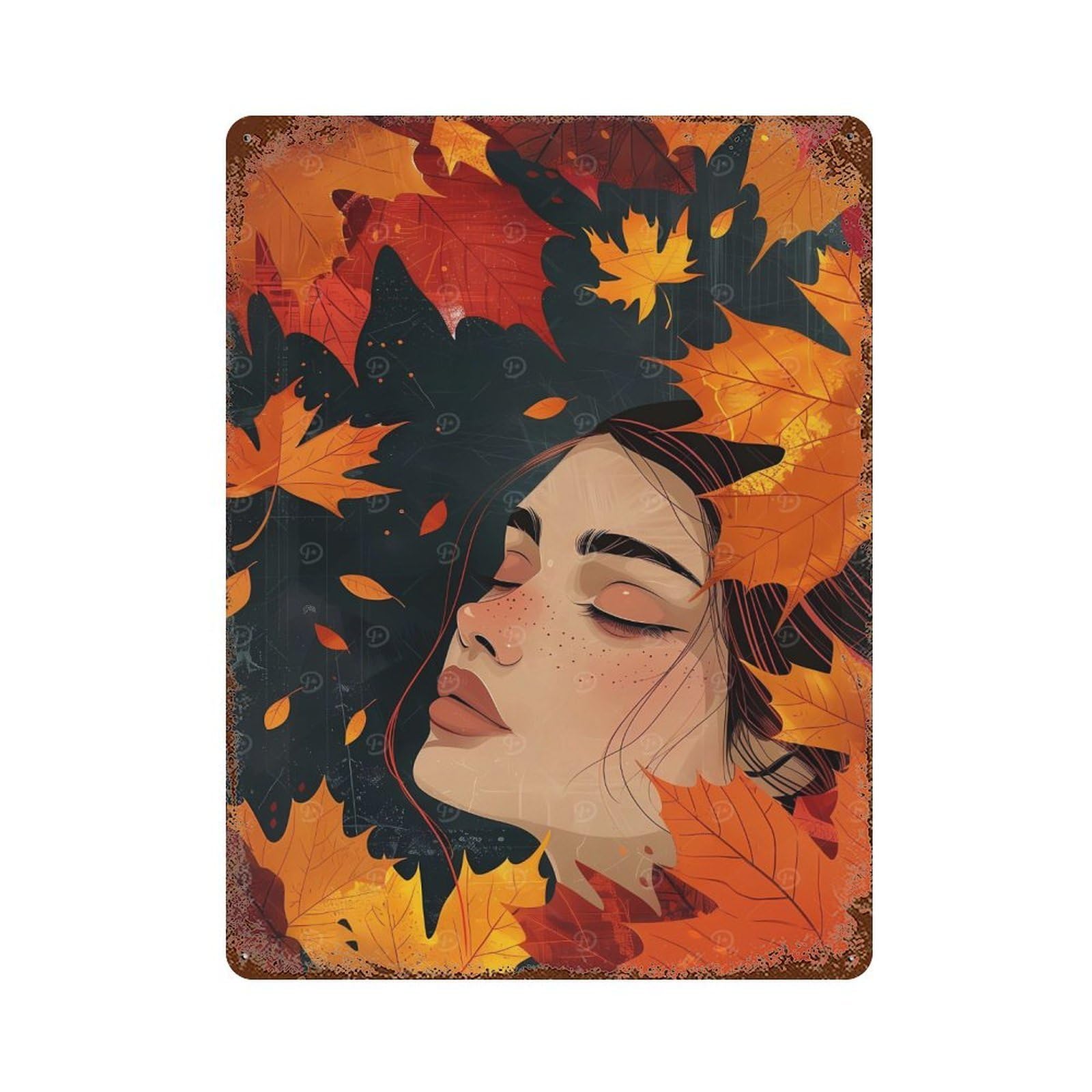 Autumn Dream Orange Leaves Vintage Wall Sign 15.7"x11.8", Rust Effect Metal Decor for Living Room, Hallway And Home Decor