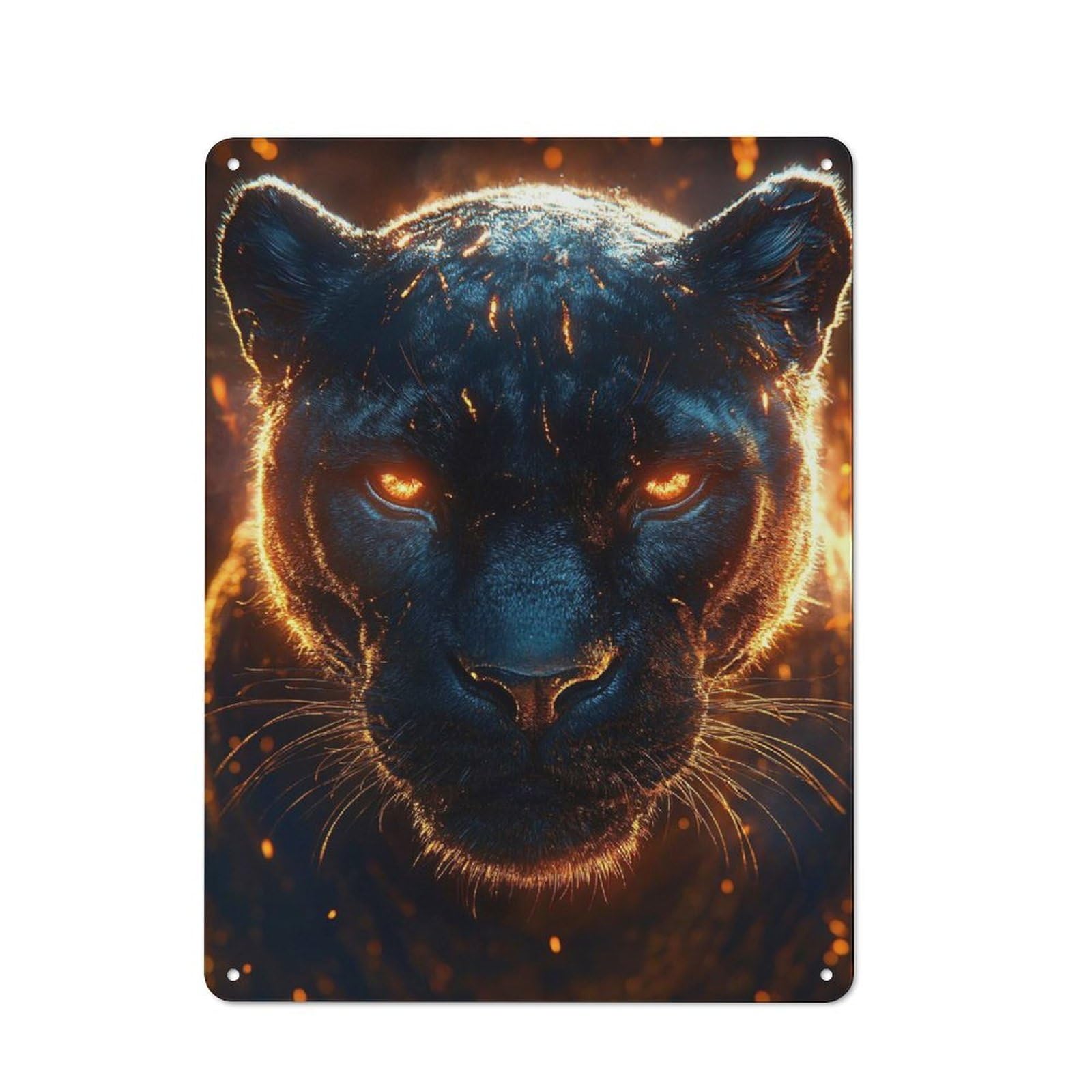 Fiery Black Panther Portrait Workshop Style Metal Wall Decor 40x30cm, Decorative Metal Plaque for Garage, Workshop, Shed Or Utility Room