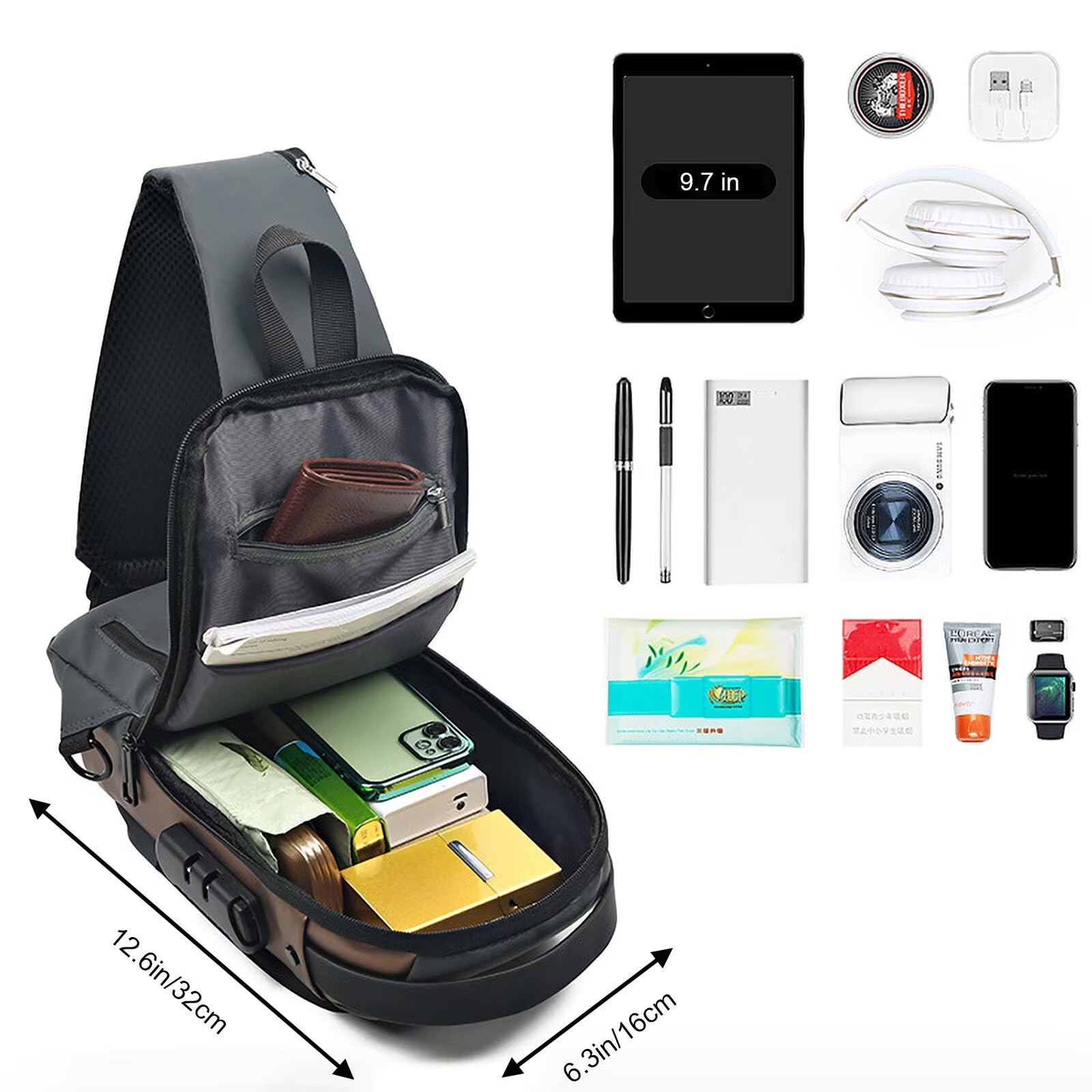 Zaino Monospalla Uomo, Donna Marsupio Monospalla Con Blocco Password Antifurto, Borsello Monospalla con Porta di Ricarica USB, Borsa da Petto per Escursionismo, Ciclismo, Viaggi