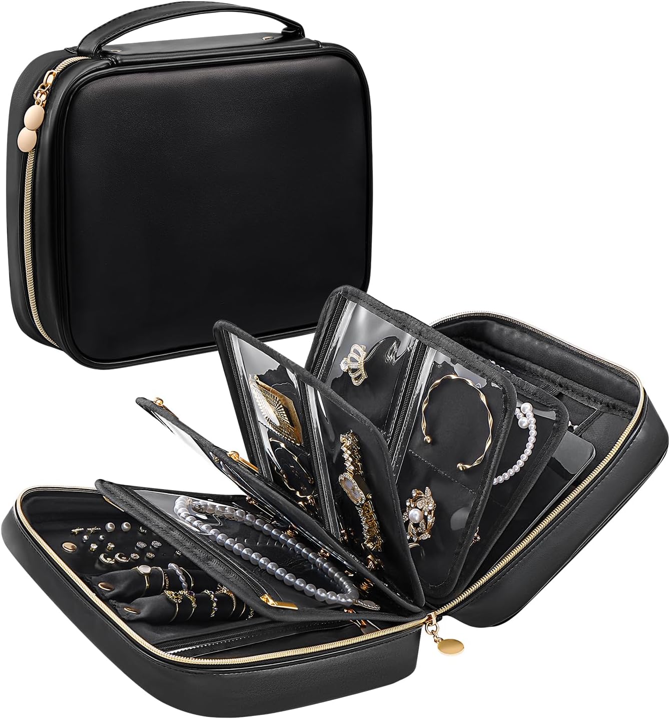 Lolalet Travel Jewelry Organizer Case, Large Jewelry Binder Book with Individual Pouches, Portable Leather Zippered Bag for Jewelry Storage of Earring, Ring & Necklace, Gift for Mom -Black