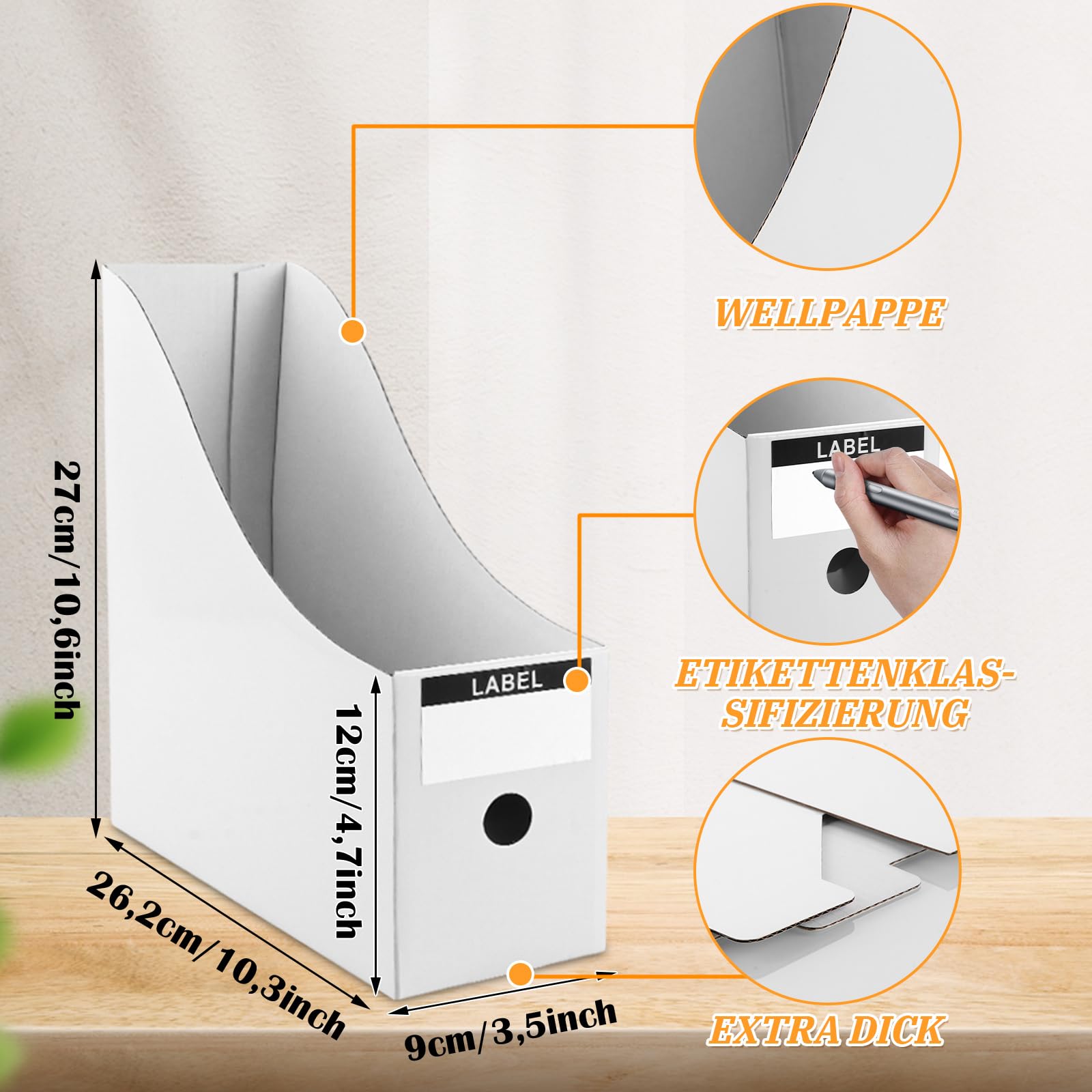 12 Stück Stehsammler A4 Zeitschriftensammler Pappe 26 x 9 x 27 cm Ordner Organizer mit Beschriftungsetikett für Datei, Schreibwaren, Bürobedarf, einfache Lagerung (weiß)