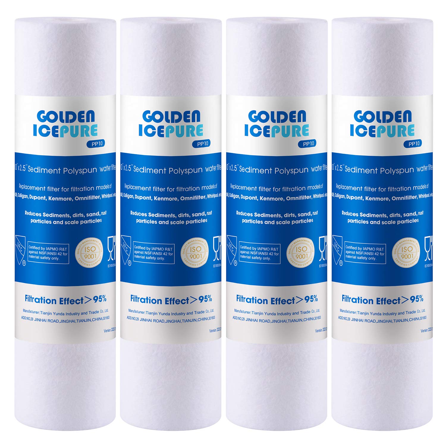 GOLDEN ICEPURE5 Micron 10" x 2.5" Whole house Sediment Water Filter Replacement for WHKF-GD05, Aqua-Pure AP110, Culligan P5, DuPont WFPFC5002, CFS110, RS14 10 inch RO System Unit 4PACK