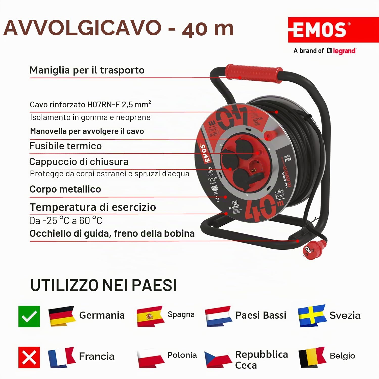 EMOS - Avvolgicavo 40 m in lamiera d'acciaio - 4 prese Schuko - impermeabile, resistente agli urti, all'olio e agli agenti atmosferici - 230 V, 16 A, 3680 W - isolamento in gomma - H07RN-F 2,5 mm2