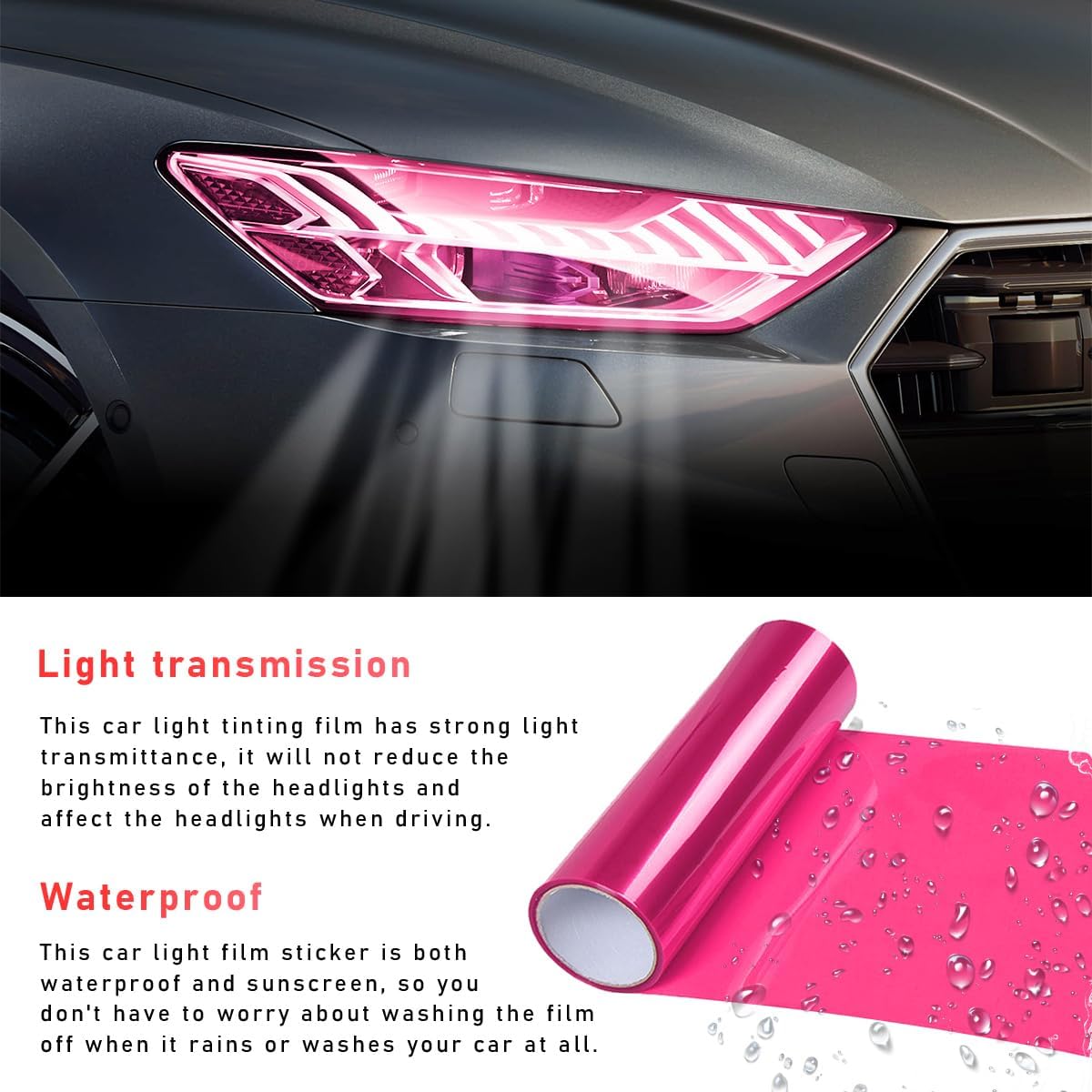 povtii Tint Vinyl Film Sticker Sheet Roll for Car Headlight, 12×48 Inch Auto Taillight Vinyl Wrap Film, Self Adhesive Fog Light Vinyl Film with Squeeze & Cutter, Car Accessories (Pink)