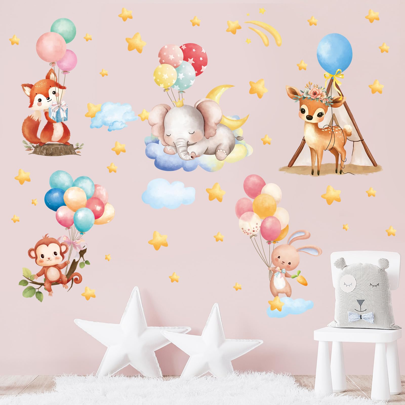 SHUCHING Hot Air Balloon Animals Wall Stickers for Kids' Bedroom Playroom, Elephant Fox Giraffe Wall Decals for Baby Room Nursery - Image 3