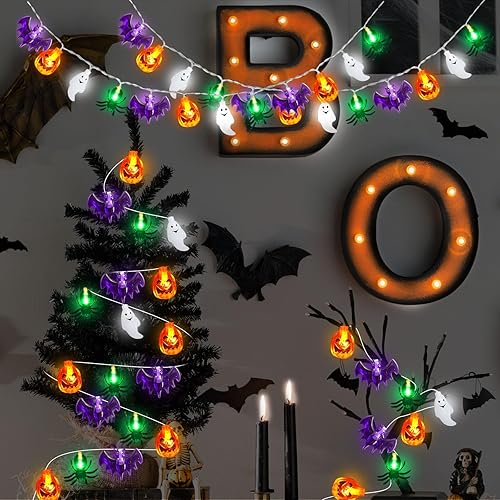 Miniatura 5 de Guirnalda de luces de calabaza de Halloween, 20 luces LED de calabaza de 10 pies, funciona con pilas, 2 modos de luces naranjas Jack-O-Lantern