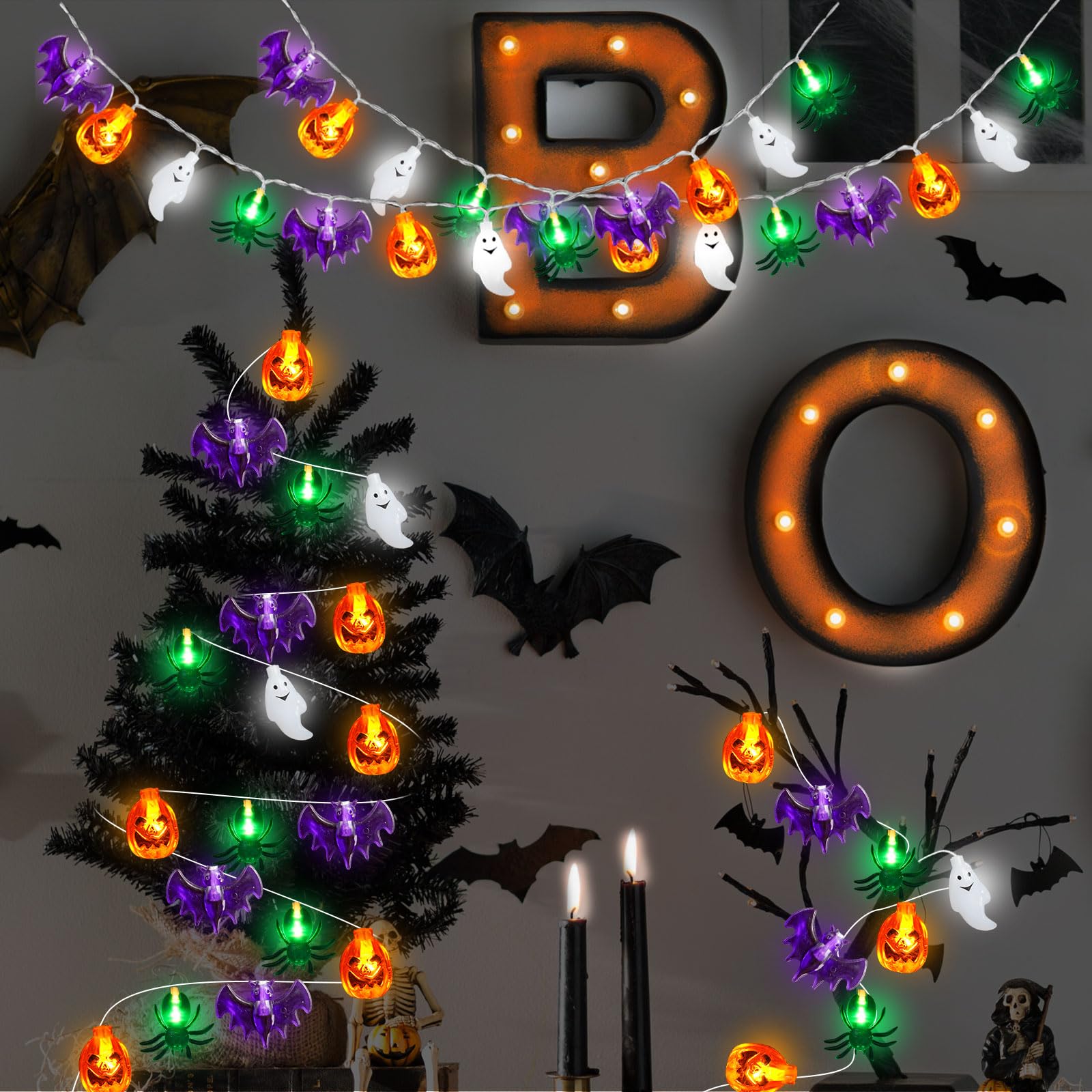 Luci decorative per Halloween, 6 m, 40 LED, 3D, zucca, pipistrello, fantasma, ragno, a batteria, luci scintillanti impermeabili per casa, porta, portico, interni ed esterni, decorazione per feste di