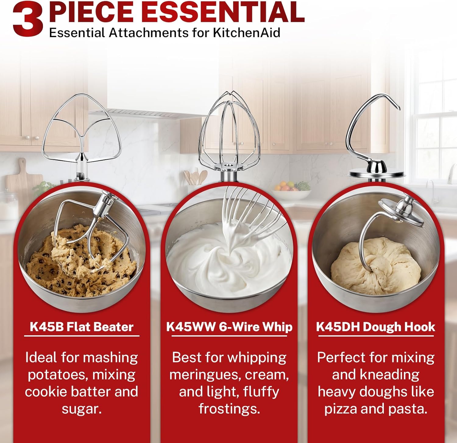 Stainless Steel Attachments 3 Piece Set for KitchenAid 4.5-5 Quart Tilt Head Stand Mixer, Includes K45B Flat Beater, K45DH Dough Hook and K45WW Wire Whip, Dishwasher Safe and Heavy Duty