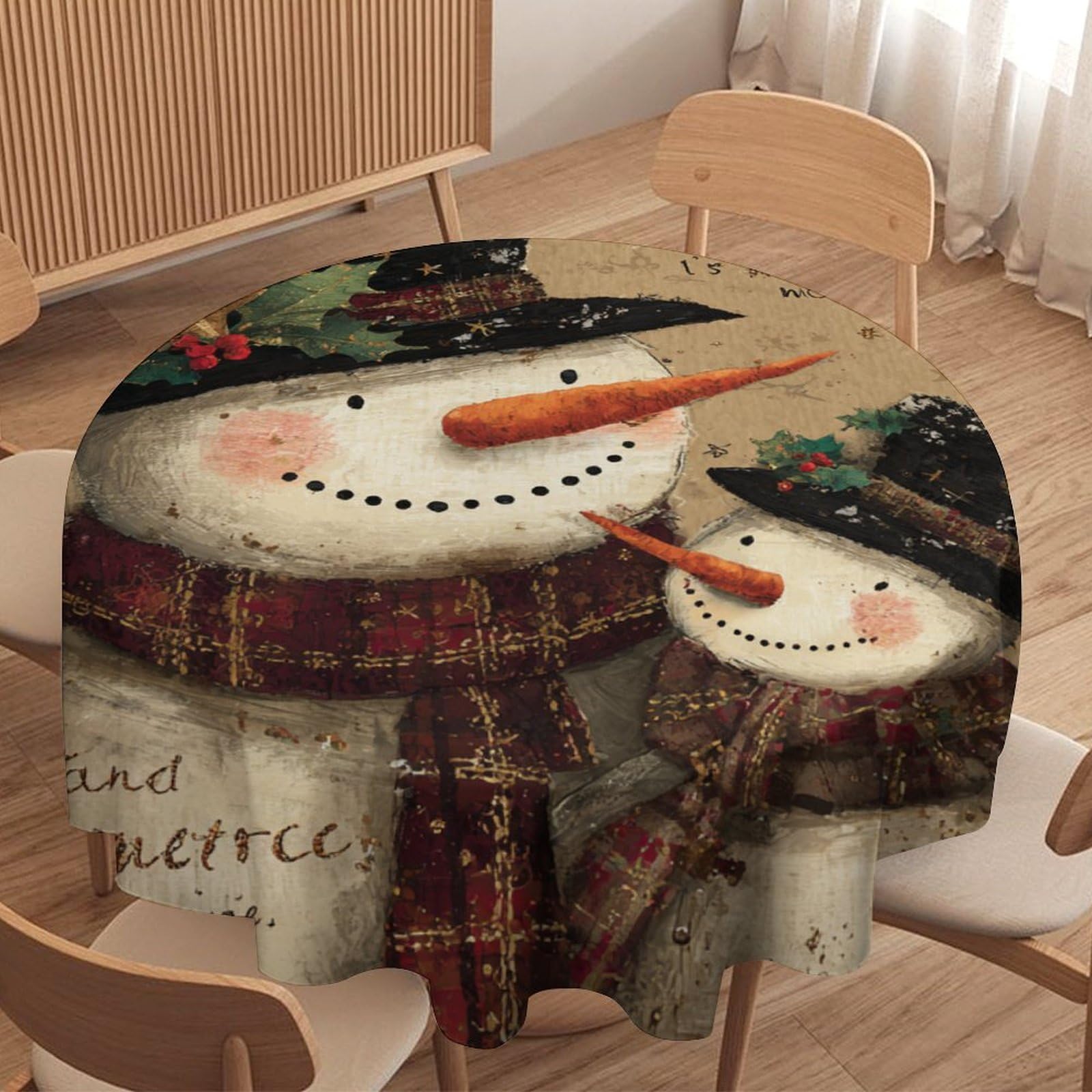 LUYYSKY Cute Realistic Snowman Round Tablecloth Modern Classic Christmas Winter Snowman Plant Pine Green Leaf Washable Decor for Table Cover for Kitchen-177.8" Wx177.8 L cm