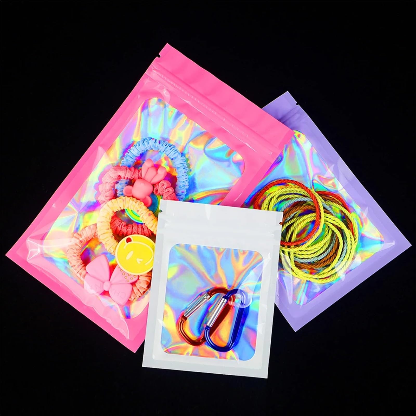 Sacchetti a chiusura lampo con olografica a colori da 200 pezzi, bustine for gioielli, collane, cosmetici, for imballaggio for piccole imprese per Alimenti e Campione(Pink,8x13cm)