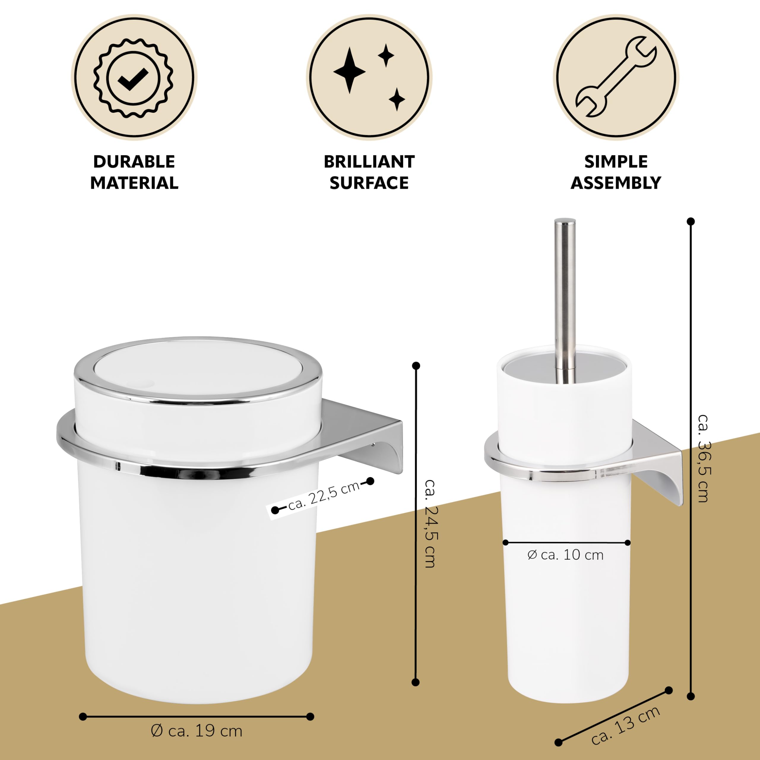bremermann Savona Ensemble de Salle de Bain 2 pièces avec Poubelle de Salle de Bain 5,5 l et Brosse WC avec Support Mural Rond (Blanc)