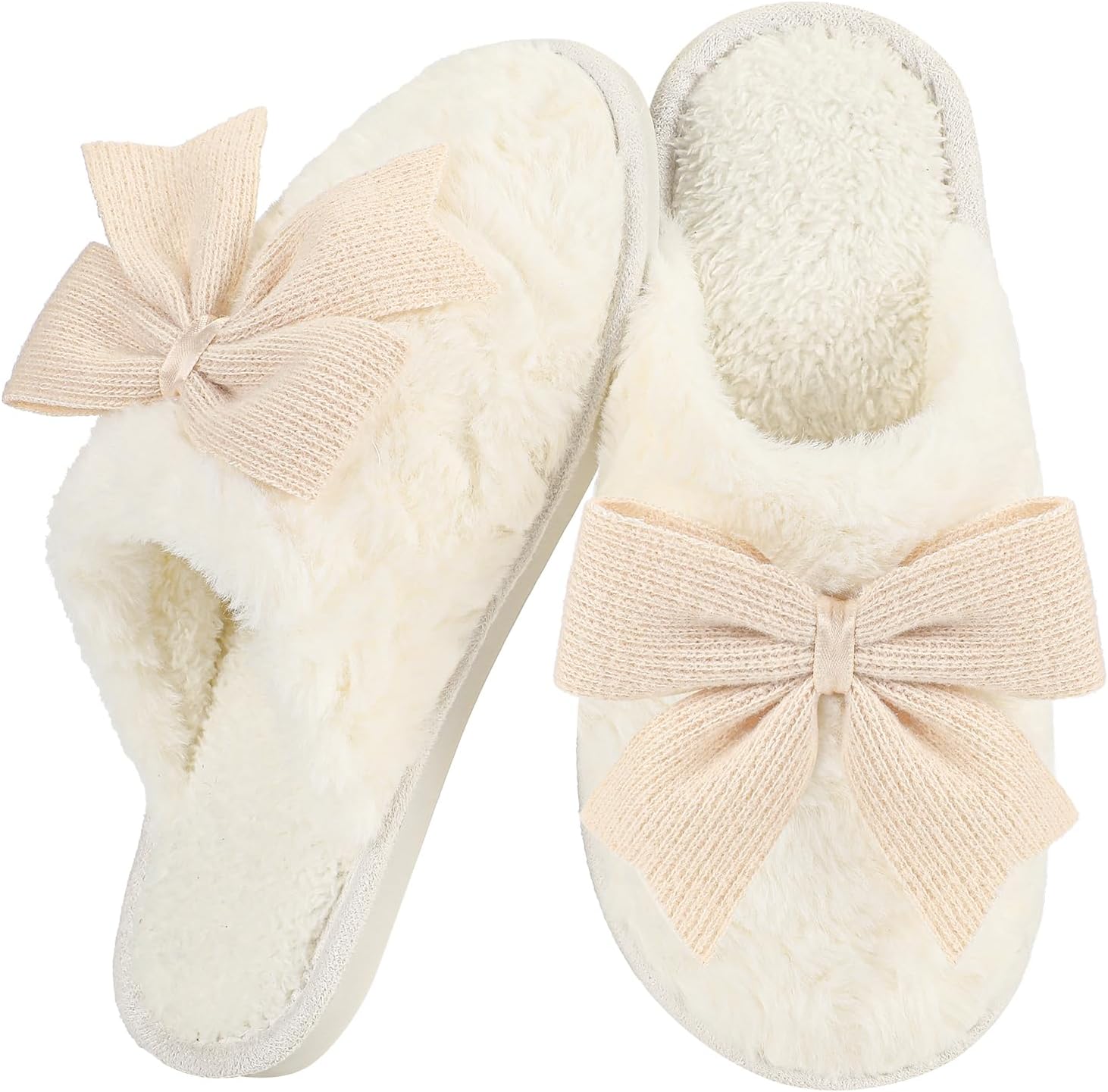 Women's Cute Bow Slippers Cartoon House Fur Shoes Cozy Indoor Momory Foam Outdoor