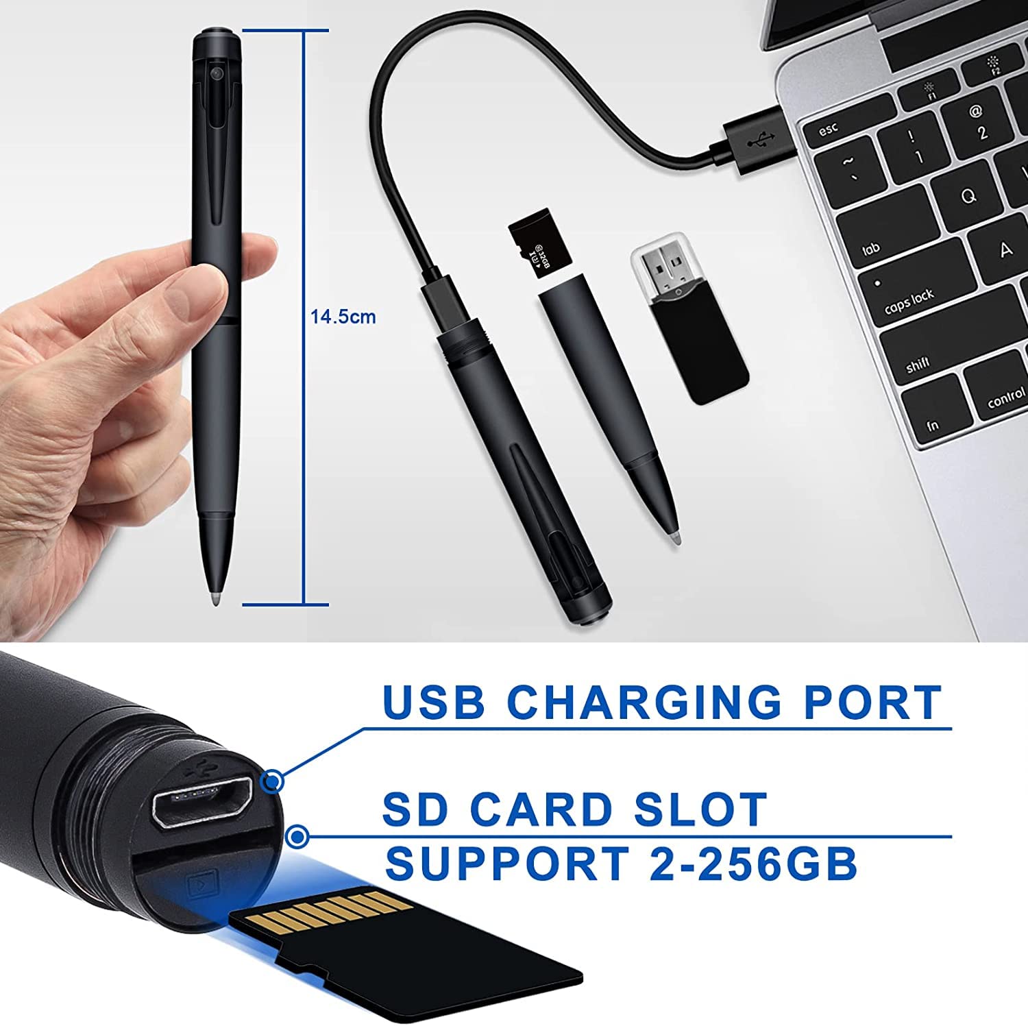 Cámara espía, cámara oculta de 1080P, mini cámara de 64 GB con detección de movimiento, mini cámara de seguridad con grabación de reuniones y aprendizaje (QD03UK)