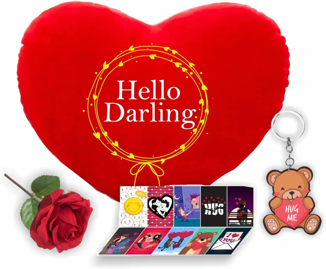 TheYaYaCafe Valentines Day Gifts Heart Shape Cushion (with Filler), Teddy Keychain, Rose, Romantic Love Post Card for Girlfriend Boyfriend Husband Wife - Hello Darling