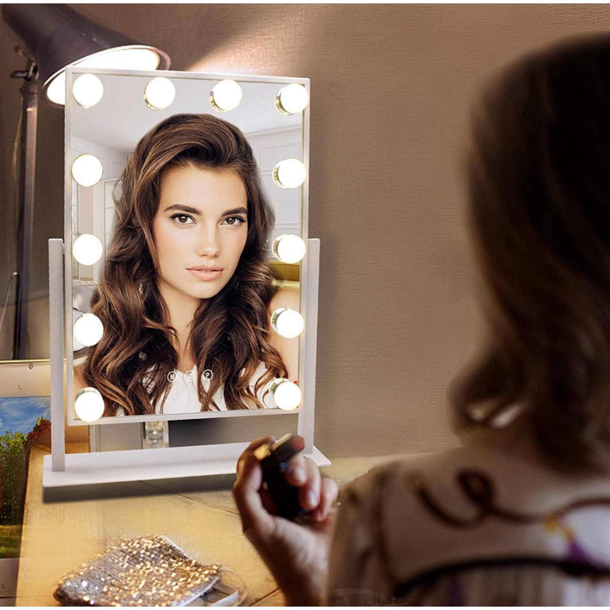 Espejo de Maquillaje con Iluminación LED, 15 Bombillas, 3 Modos de Luz, Control Táctil, USB Recargable, Aumento