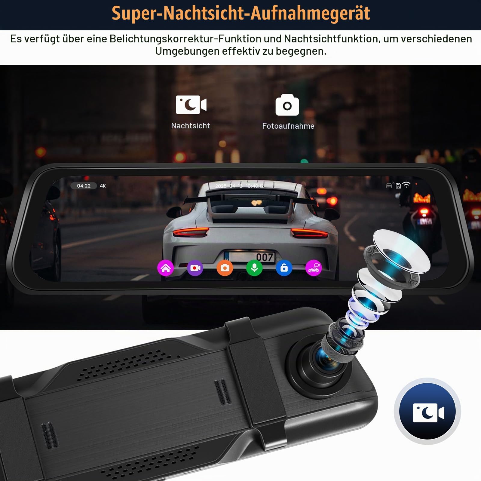 CAMECHO 9.66 Zoll Spiegel Dashcam 4K Dual Rückspiegel GPS Auto Kamera mit Rückfahrkamera 1080P mit IPS Touchscreen WiFi BSD ADAS G-Sensor 150 Grad Weitwinkel-Nachtsicht Loop-Aufnahme