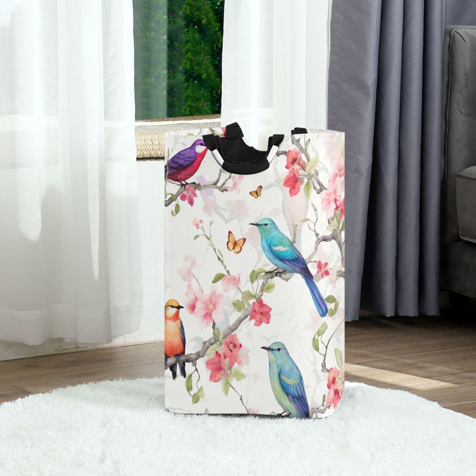 Jihqo Laundry Hamper Basket Spring Birds Butterfly Collapsible Nursery Storage Bin Waterproof Clothing Baskets for Home Bedroom Bathroom Washing Room