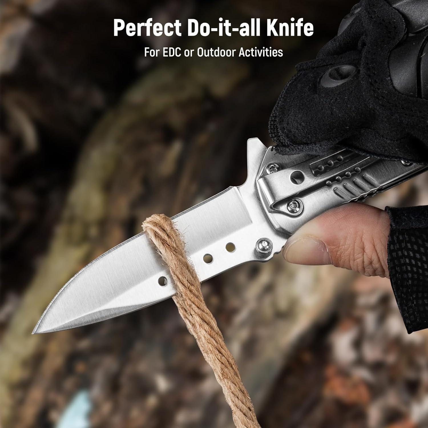 KEXMO Pocket Knife for Men - Sharp Blade Wood Handle Pocket Folding Knives with Clip, Glass Breaker - EDC Knives for Survival Camping Fishing Hiking Women, Small, Silver