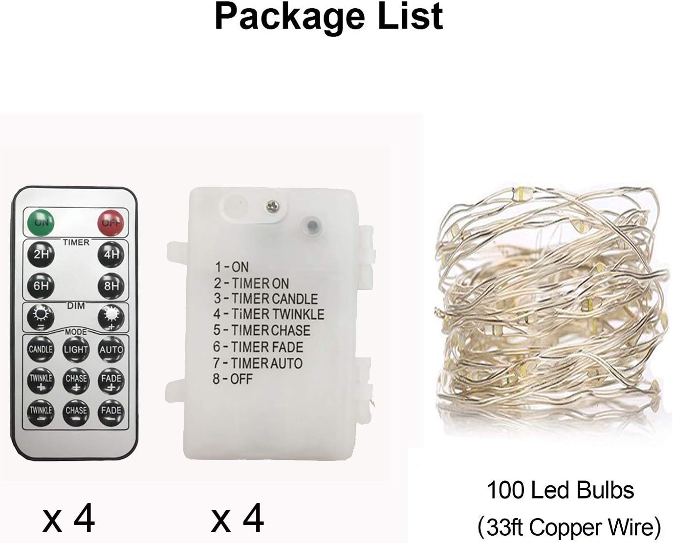 WSgift 4 Pack 33Ft 100 Warm White Led Fairy Lights Battery Operated with Remote Control Timer Waterproof Silver Copper Wire Twinkle Lights for Bedroom Indoor Outdoor Wedding Dorm Christmas Decorations