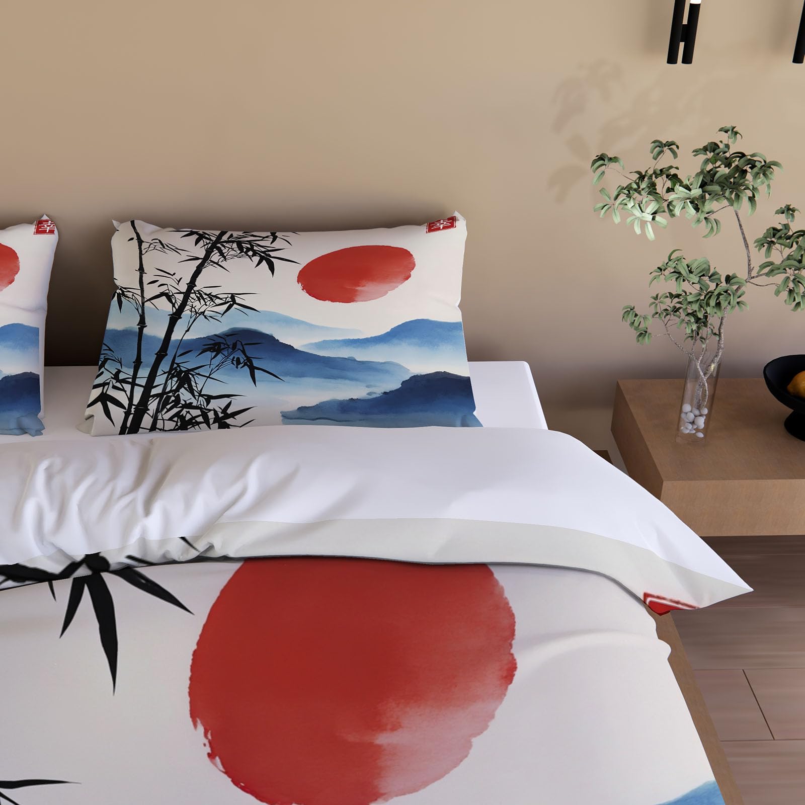 Wendebettwäsche Japan Stil 135x200 4tlg mit 2 Kissenbezug 80x80（3-4）