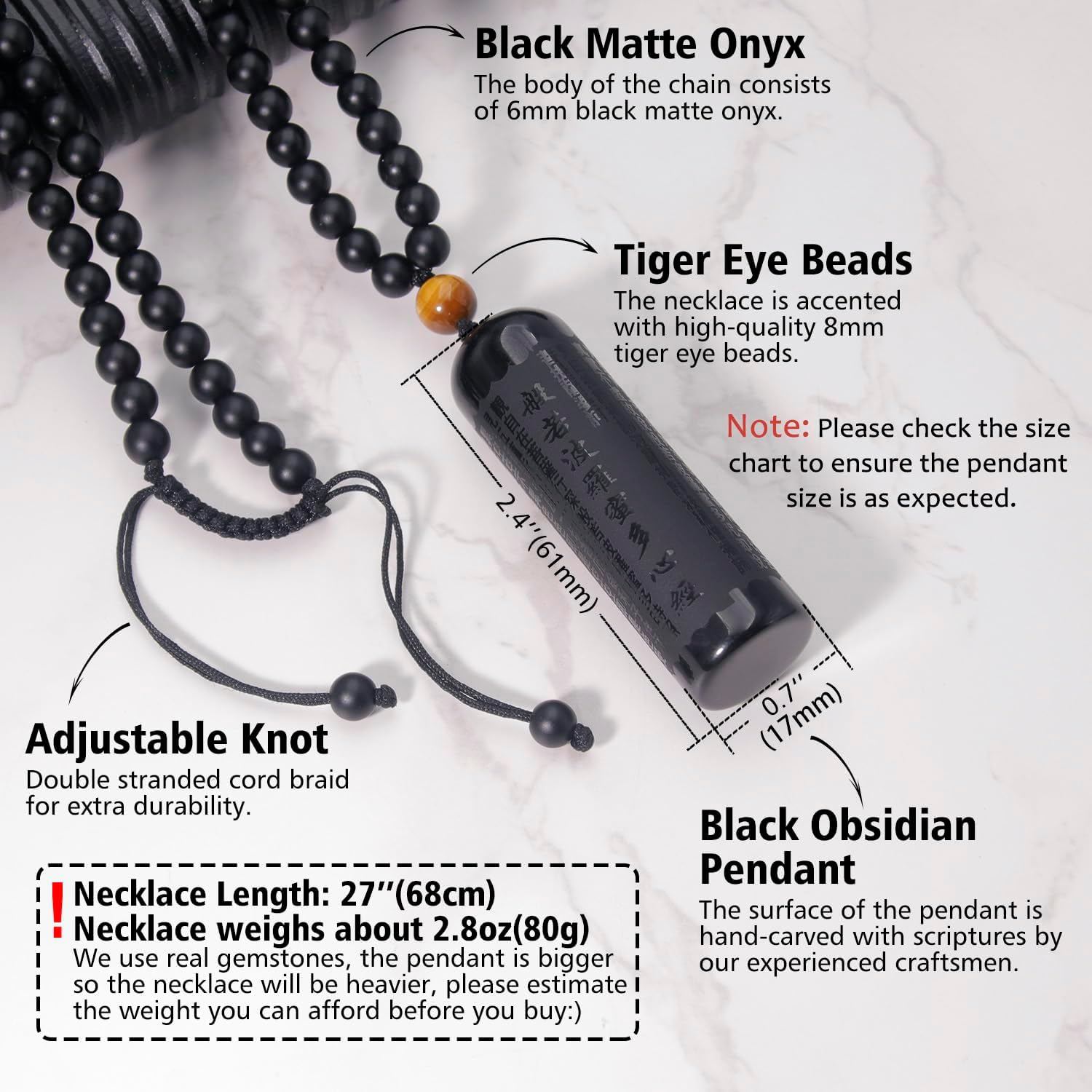 Black Obsidian Necklace Tiger Eye Gemstone Beads Crystal Stone Pendant Healing Chakra Mala Spiritual Necklace for Men Women - Image 4