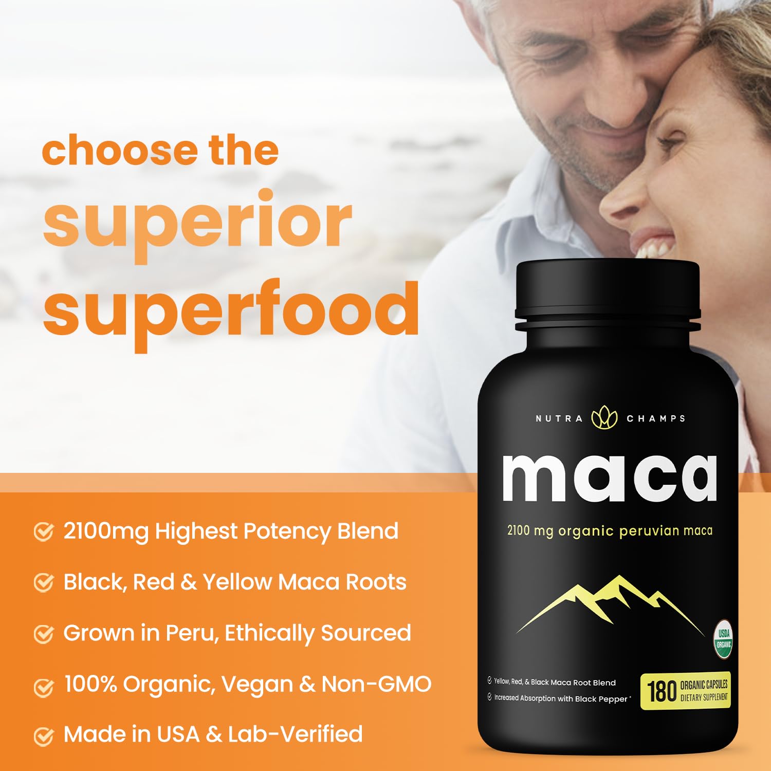 NutraChamps USDA Organic Maca Root Capsules for Women & Men, 2100mg, 180 Capsules, Black, Red & Yellow, Peruvian Maca Peruana, Gelatinized Maca Root Powder Extra Strength Pure Premium Supplement — Amazon image 3